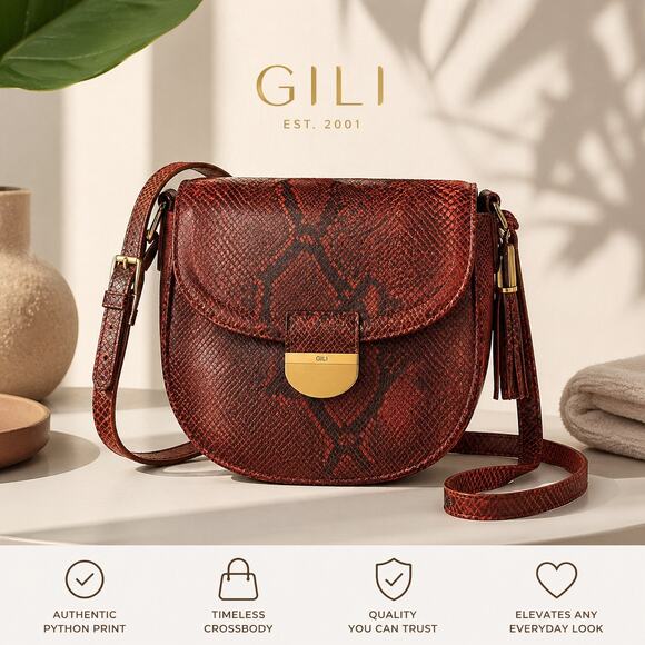 G.I.L.I. Handbags - GILI Red Python Embossed Leather Saddle Bag Crossbody Shoulder Gold Hardware
